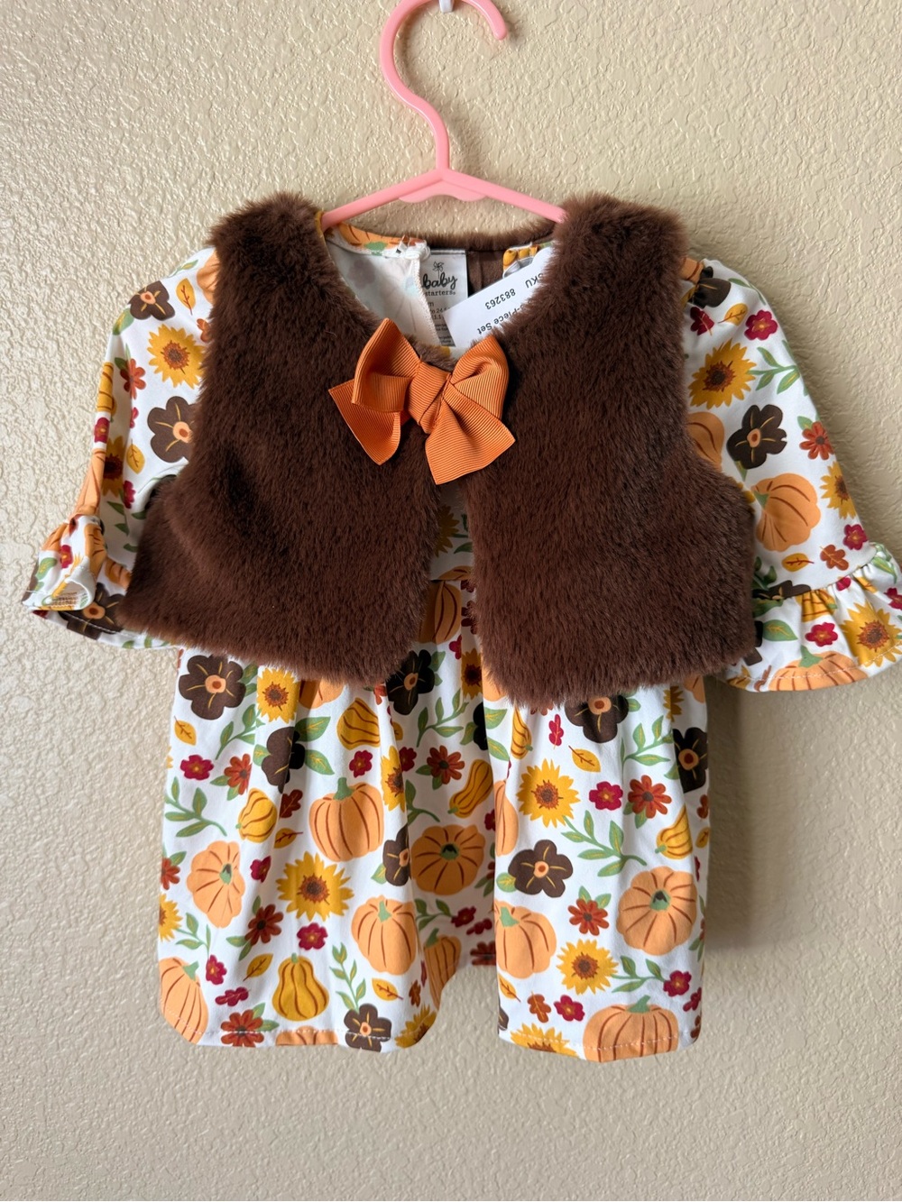 Baby Starters Brown Faux Fur Vest with Orange Bow and Pumpkin-Print Dress